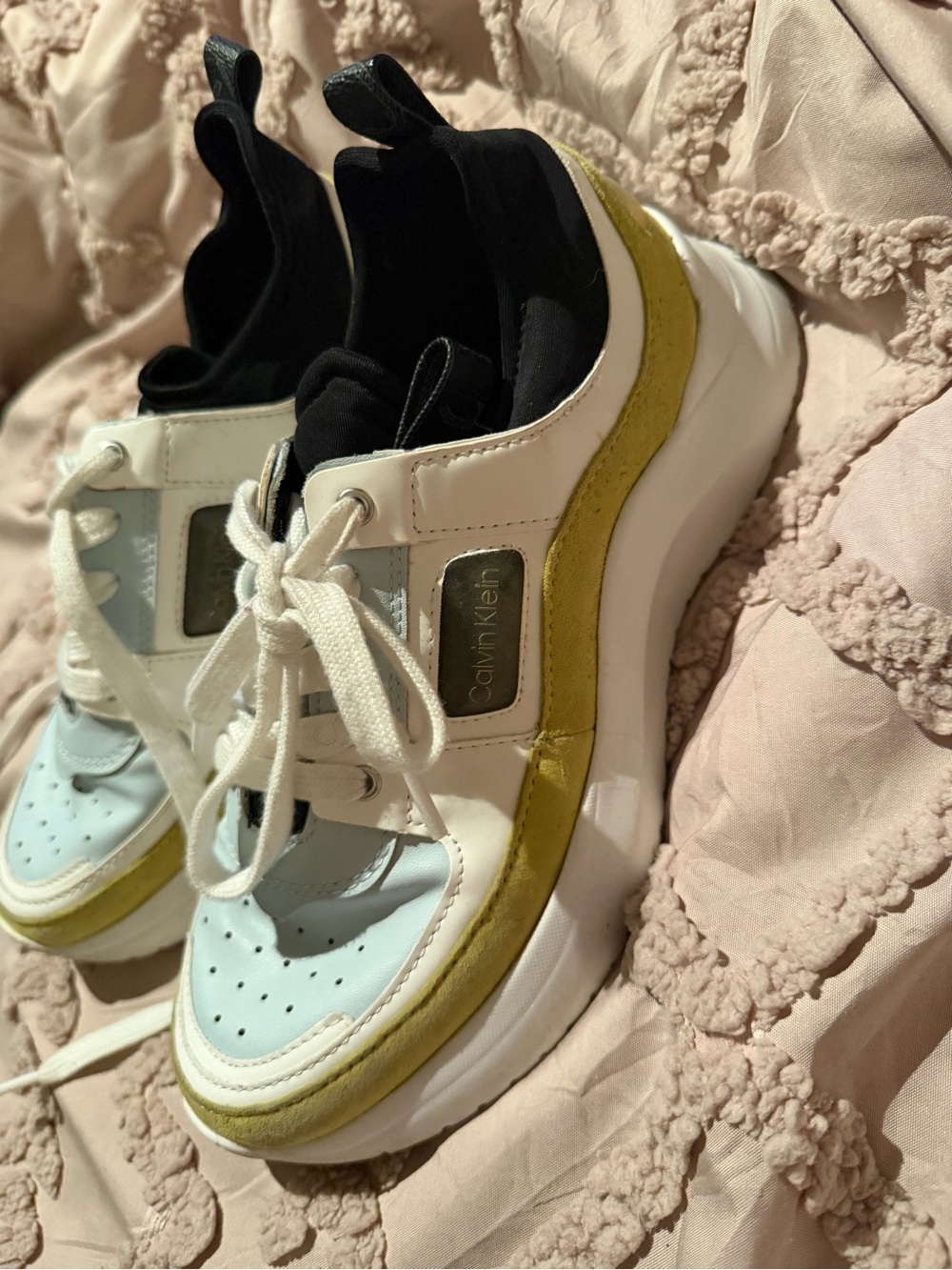 Calvin Klein White, Light Blue & Yellow lime Women's Chunky Lace-Up Sneakers 7